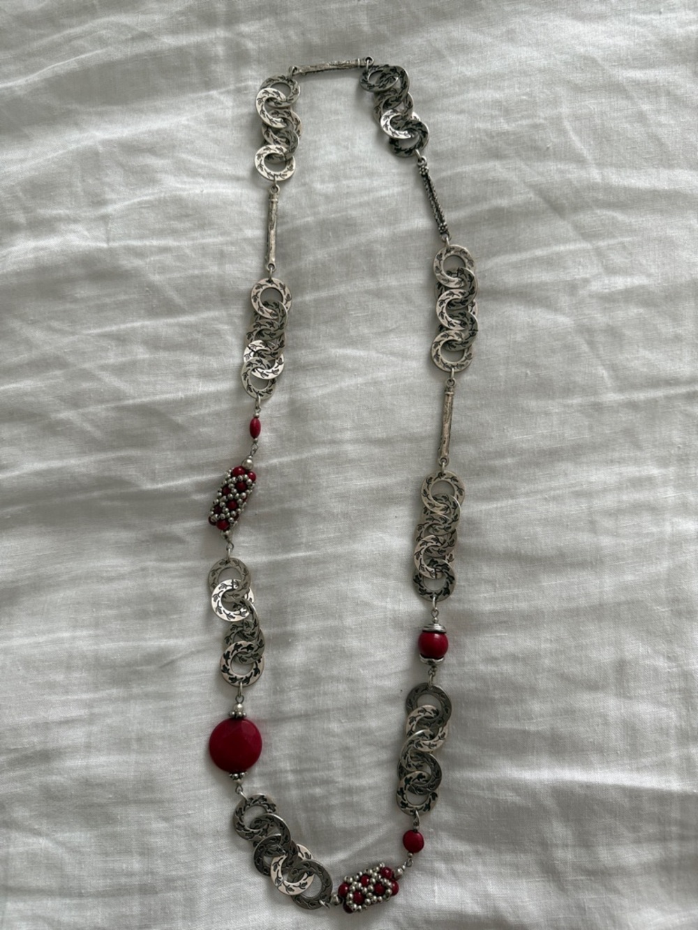 Long Silver Chain Necklace with Red Bead Accents